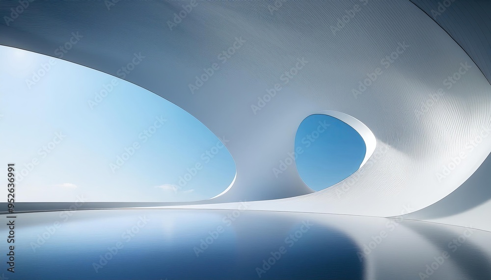Poster modern architectural scene with a simple curved wall on the right, creating sharp lines and geometri