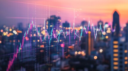 Fototapeta premium City skyline at dusk with an overlay of a transparent graph showing real estate market growth. The graph is glowing with neon colors.