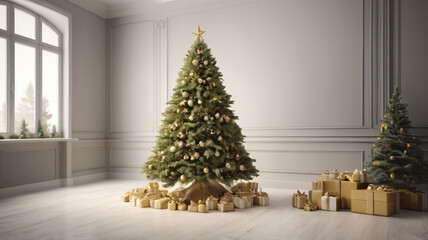 Christmas background, with 3D rendering of a Christmas tree and its decorations and empty space for text