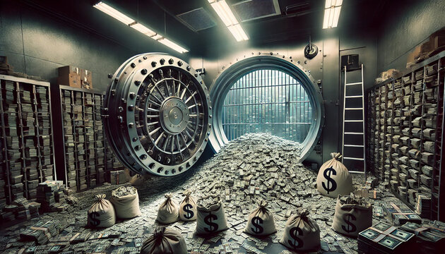 A room full of money and a vault with a large hole in the middle. The vault is filled with money and there are several bags of money scattered around the room. Scene is one of wealth and abundance