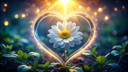 A delicate, blooming flower surrounds a glowing heart, symbolizing nurturing self-love, serenity, and tender care for one's emotional and mental well-being.