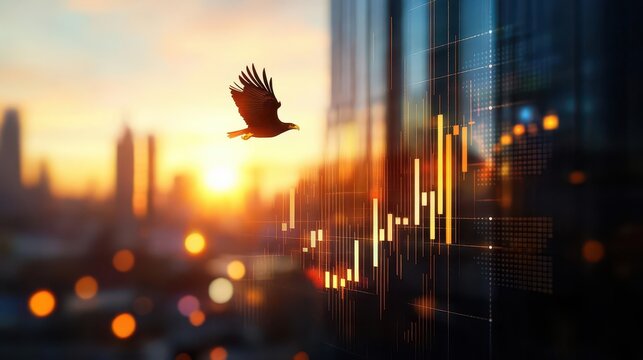 A soaring bird against a backdrop of skyscrapers, symbolizing freedom and growth in a vibrant sunset.