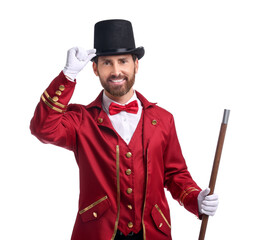 Portrait of showman in red costume and hat on white background