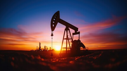 Fototapeta premium A silhouette of an oil pump jack against a vibrant sunset, showcasing the energy industry's impact on nature and landscape.