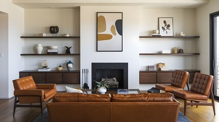 A mid-century modern living room with a brown leather sofa and chairs. There is a fireplace with a wooden mantel. The room has a few potted plants and a few decorative items.