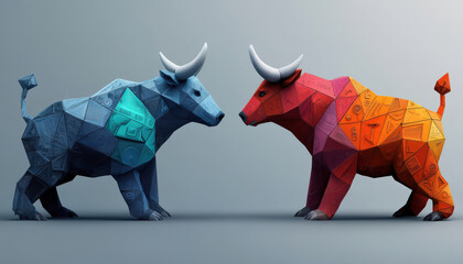 Stylized geometric bulls in contrasting colors, representing strength and vitality in modern art.