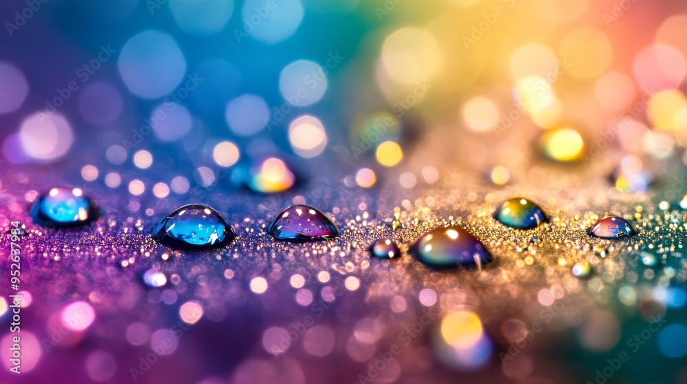 Sticker Close-up shot of water droplets on a sparkling surface reflecting vibrant rainbow colors, capturing a concept of beauty, reflection, nature, light, and energy.