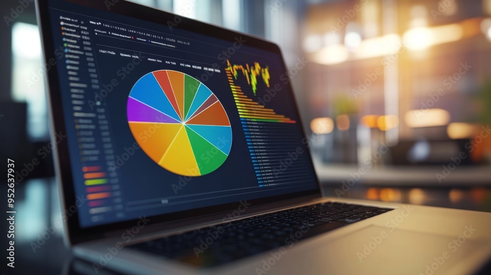 Poster close-up of a 3d pie chart in a financial analysis software, with colorful segments and detailed dat