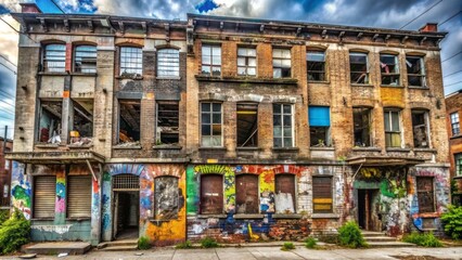 Fototapeta premium A dilapidated, graffiti-covered building with shattered windows and a crumbling facade stands as a haunting symbol of neglect and urban decay.