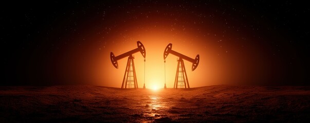 A striking silhouette of oil pumps in a dusk landscape, illuminated by a vibrant orange glow, symbolizing energy and industry.