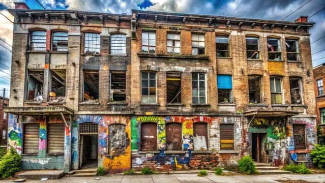 A dilapidated, graffiti-covered building with shattered windows and a crumbling facade stands as a haunting symbol of neglect and urban decay.