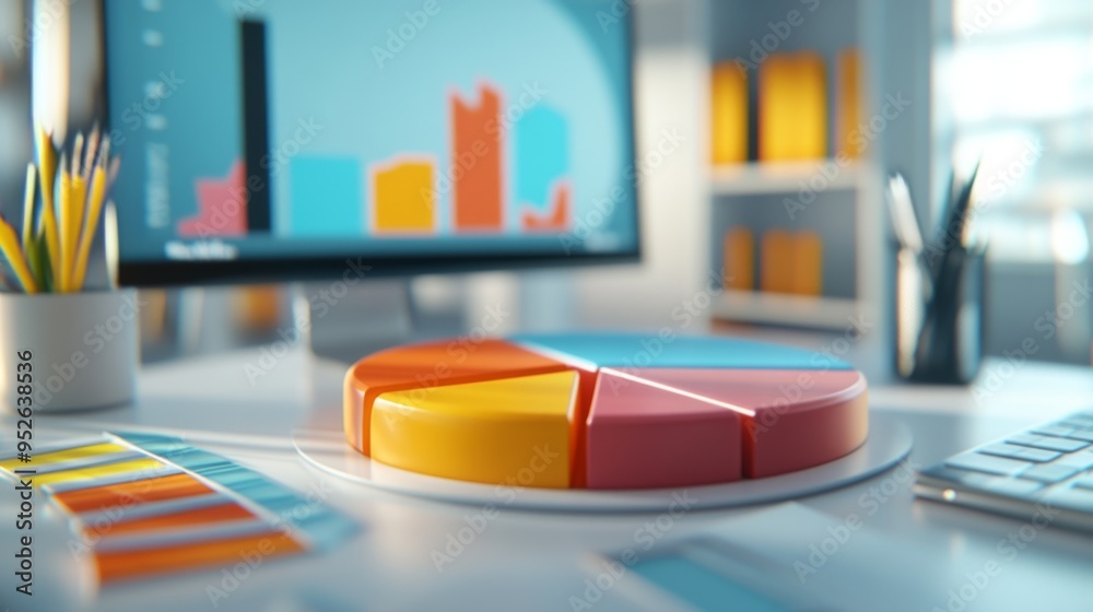 Poster close-up of a 3d pie chart on a computer screen, showing vibrant segments and detailed data labels, 