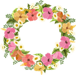 Frame made of hibiscus and daisies.Colored vector illustration with frame of hibiscus and daisies on a white background.