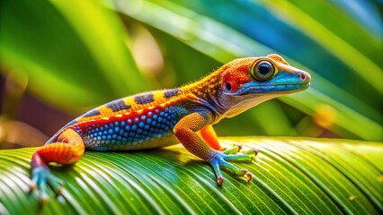Fototapeta premium A gecko with vibrant, multi-colored markings on its body and tail sits on a leaf against a sunny tropical background.