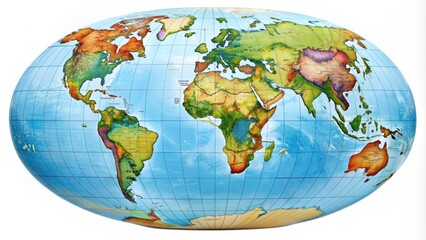 A flat, compact globe map displayed on a white background, highlighting continents, oceans, and countries, with subtle shading and grid lines for navigation.
