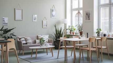 A modern dining room with a Scandinavian style. There is a sofa and chairs near a wooden table against a window. The wall is painted in a pastel green color and has several frames hanging on it. 