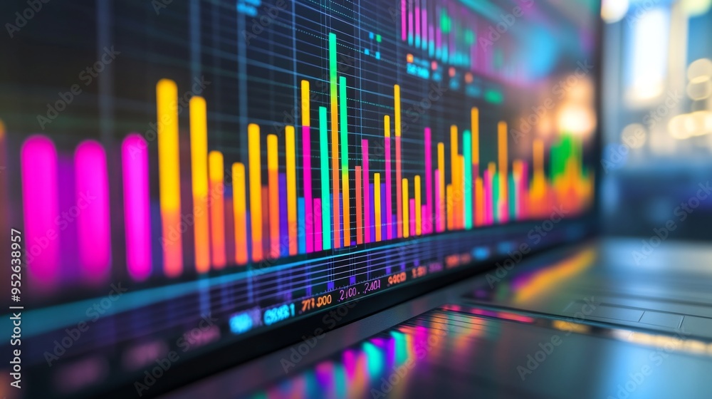Poster Close-up of a bar chart on a computer screen with colorful bars representing data, set against a sleek office background with charts and graphs.
