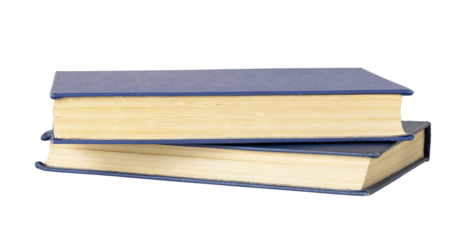 Two old books with blue cover isolated on white or transparent background