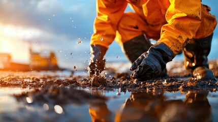 A worker in a yellow suit crouches by the water, engaging with the environment and reflecting the beauty of nature.