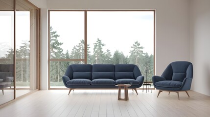 Fototapeta premium A modern living room with a Scandinavian design. There's a blue sofa and a blue chair placed on a light wooden floor. The room has a floor-to-ceiling window with a view of a forest.