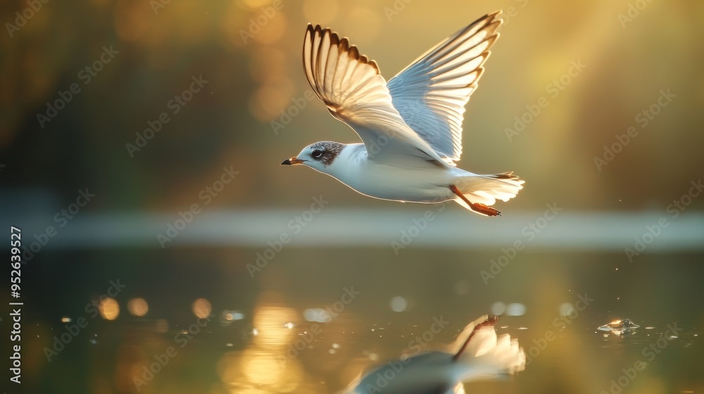Poster Close-up of a bird flying over water, with its reflection visible below and the details of its feathers highlighted by the sunlight.