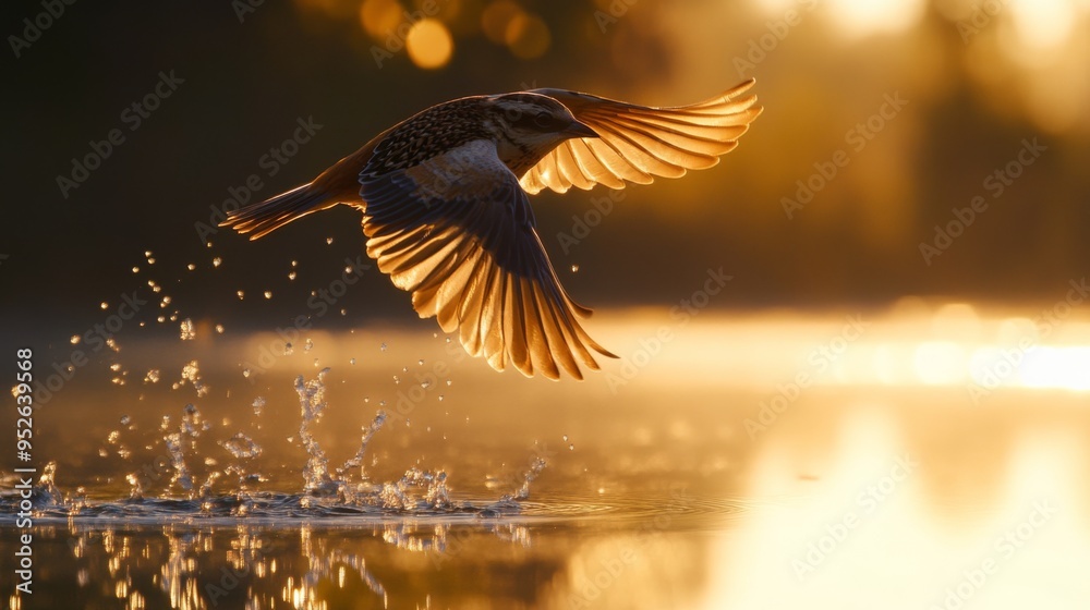 Poster Close-up of a bird flying over water, with its reflection visible below and the details of its feathers highlighted by the sunlight.