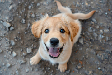 a dog is looking up at the camera