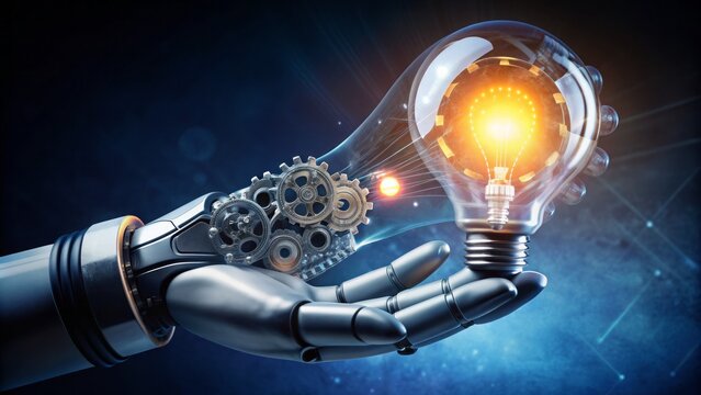 A futuristic robotic hand holds a glowing light bulb, symbolizing creativity and innovation, with metallic gears and wires visible in the palm. - Powered by Adobe