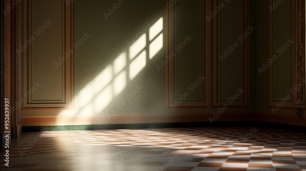 Poster The warm sunlight streams through a window in a classic room with elegant molding, creating a dramatic contrast of light and shadow. This image evokes a sense of peace, serenity, and nostalgia.