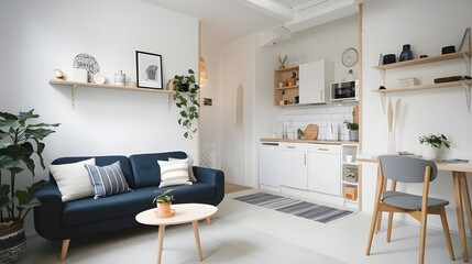 A Scandinavian home interior design with a navy blue sofa in a studio apartment. The living room and kitchen are combined together, a potted plant  and decorative items.