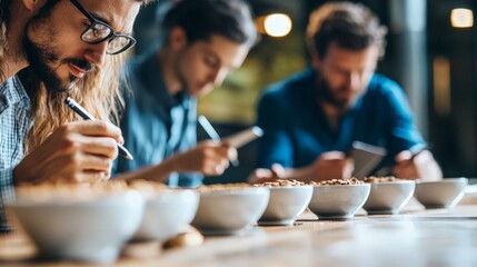 Coffee tasting session, professional cupping setup, people taking notes, neutral background, focus on expressions and gestures