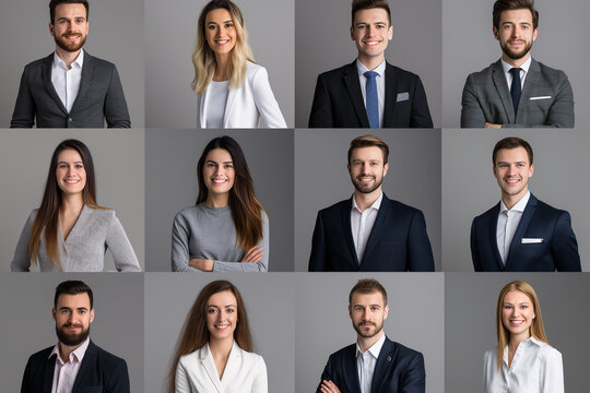 Set of 12 young diverse businessperson profile picture showing positive emotions on grey background