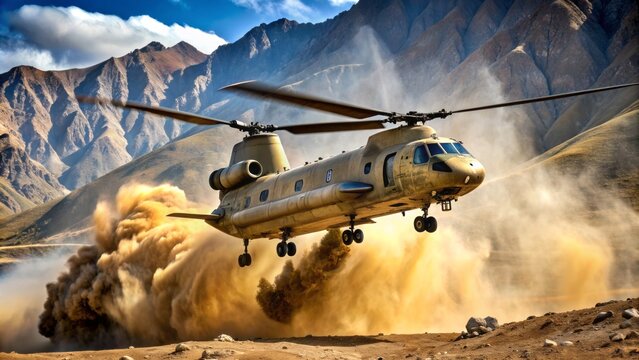 A heavy-lift tandem-rotor Boeing CH-47 Chinook helicopter flies low over a rugged mountainous terrain, rotor blades spinning, kicking up dust and debris in its wake.
