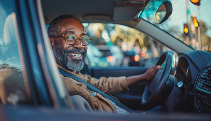 A black Uber taxi driver smiles benevolently while sitting in the car.