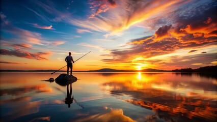 A lone figure stands at the edge of a serene lake at sunset, a spear's dark silhouette against the warm, vibrant colors of the sky.