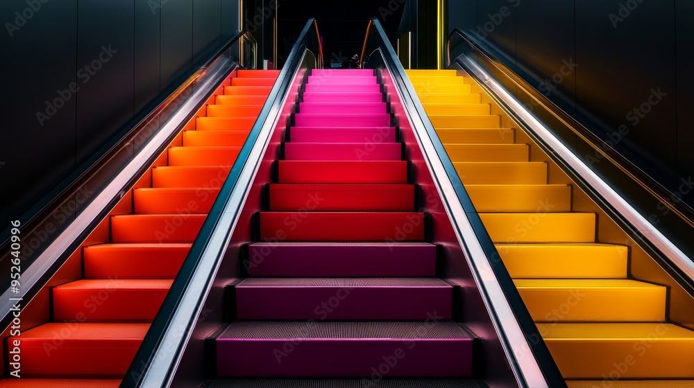 Canvas Prints Three escalators symbolize choices, paths, and opportunities. Each escalator features a distinct color: red, purple, and yellow. The black background emphasizes the vibrant colors and the upward movem