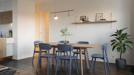 Fototapeta premium A modern dining room with a wooden dining table and blue chairs. The room has a Scandinavian home interior design with minimalist elements.