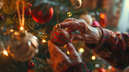 Senior lady delicately placing a red holiday ornament onto a christmas tree adorned with cozy lights