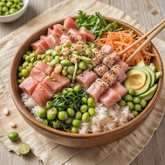 A vibrant bowl of poke featuring fresh, cubed tuna atop a bed of sushi rice, accompanied by sliced avocado, seaweed salad, edamame, and pickled ginger.