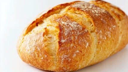Fototapeta premium Close-up of a freshly baked loaf of bread with a golden crust, placed on a clean white background, highlighting its texture and rustic appearance.