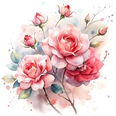 Soft Pink Roses in Watercolor on White