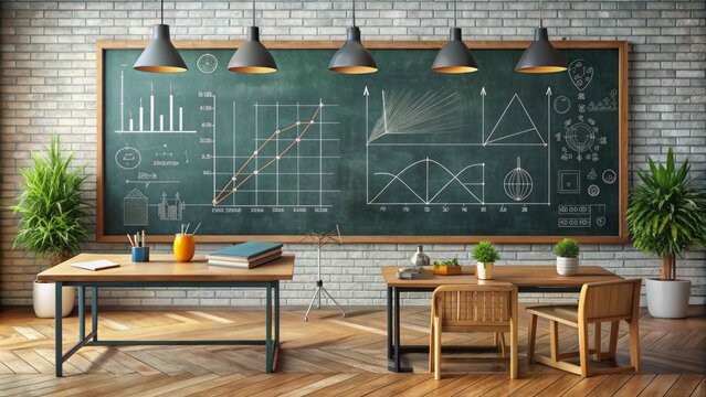 A neatly arranged set of mathematical equations and functions on a chalkboard, surrounded by graphs and charts, in a modern classroom setting.