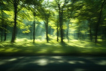 Obraz premium Sunlight streaming through lush green forest. Nature's tranquility visualization. Woodland serenity concept. Design for environmental appreciation and forest conservation awareness.