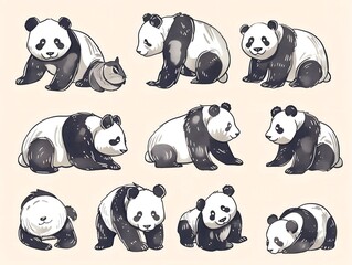 Set of various panda illustration on white. AI generated