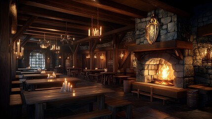 Warm medieval tavern with candle-lit wooden tables and a roaring fireplace Cozy ambiance with rich wood tones and soft flickering light detailed 3D rendering