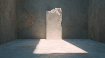 Illuminated stone monolith in dark room. Mysterious artifact visualization. Ancient technology concept. Design for sci-fi and archaeological narratives