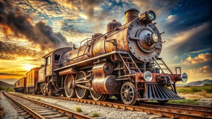 Obraz premium A powerful locomotive, with rusty wheels and vintage charm, chugs forward on a worn rail track, symbolizing progress and industrial heritage.