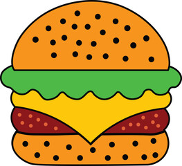 Hamburger with cheese and sesame seeds isolated on white background. color image cartoon big bread hamburger fast food vector illustration.