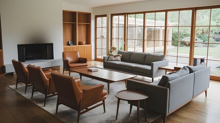 Fototapeta premium A mid-century modern living room with a grey sofa and brown leather chairs arranged around a fireplace. The room has a wooden floor and features a large window with a view of a garden. 