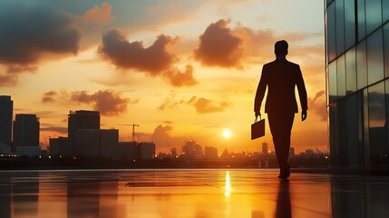 Fototapeta premium Businessman walking at sunset, symbolizing determination and success. Perfect for corporate, motivation, and professional themes.